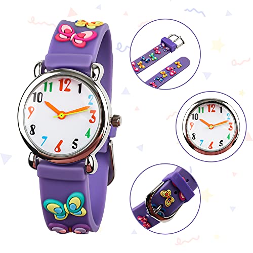 Reloj para Niños de Vinmori, Reloj de Cuarzo con Dibujos Animados Bonitos en 3D Resistente al Agua. Regalo para Chicos, Niños y Niñas (Mariposa-Púrpura)