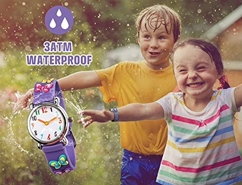 Reloj para Niños de Vinmori, Reloj de Cuarzo con Dibujos Animados Bonitos en 3D Resistente al Agua. Regalo para Chicos, Niños y Niñas (Mariposa-Púrpura)