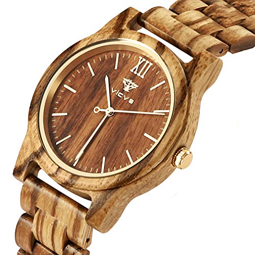 Relojes de Madera para Hombre y Mujer, Nogal Natural/Madera de Cebra VICVS Cronógrafo de Cuarzo japonés, Correa Ajustable, Deportes Militares y Ocio (Zebra)