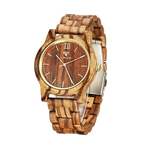 Relojes de Madera para Hombre y Mujer, Nogal Natural/Madera de Cebra VICVS Cronógrafo de Cuarzo japonés, Correa Ajustable, Deportes Militares y Ocio (Zebra)