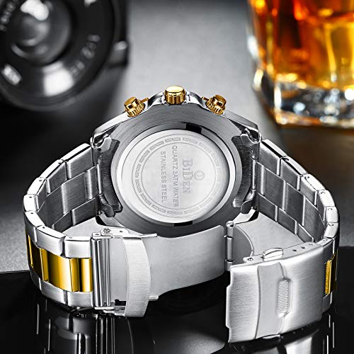 Relojes para Hombre de diseño cronógrafo Impermeable analógico Reloj de Cuarzo Hombres Reloj de Pulsera de Acero Inoxidable Moda Fecha Relojes para Hombres Oro Negro