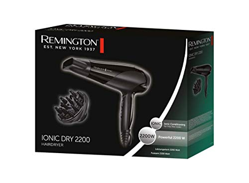 Remington Secador de Pelo Ionic Dry 2200 - Iónico, Concentrador y Difusor, 2200 W, Negro - D3198