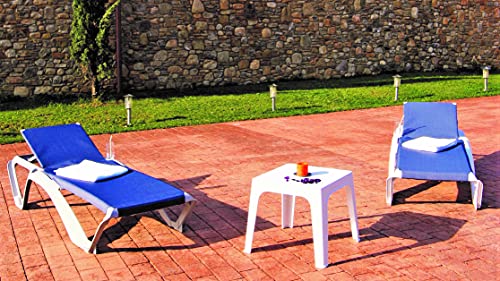 RESOL Acqua Set 2 Tumbonas y 1 Mesa Auxiliar Andorra | Conjunto de Tumbonas con Ruedas Apilables | Muebles de Jardín Exterior | Estructura y Mesilla Blanca | Textilene Color Marrón Arena