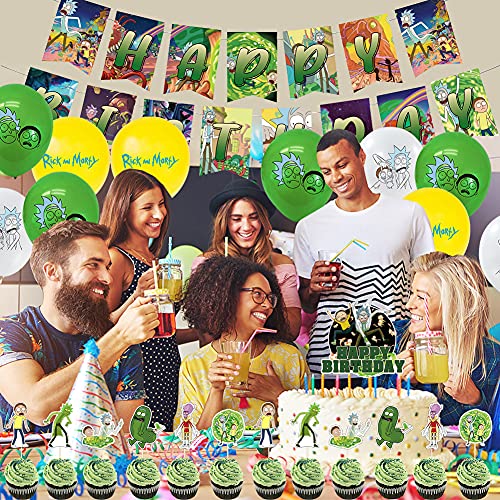 Rick and Morty Birthday Decorations Party Supplies Set Rick Cupcake Toppers Morty Balloons Happy Birthday Banner Hanging Decorations for Rick and Morty Birthday Children's Party