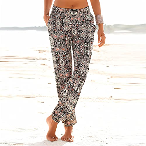 riou Pantalones Mujer Cintura Alta Boho Verano con Estampado Pants de harén, Pantalones de Playa Casuales fluidos Hippie Danza Pilates Yoga Pants