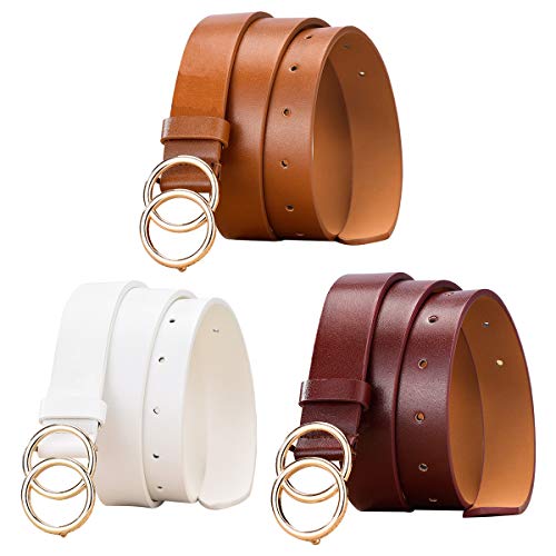 RoadLoo Cinturón hebilla redonda, 3Pcs PU Cuero Cinturón Fashion Sencillo Cinturón Cintura Mujer Señoras Cinturones Estrechos Redondo Metal Hebilla Doble para Jeans Vestido (caqui,rojo vino y blanco)