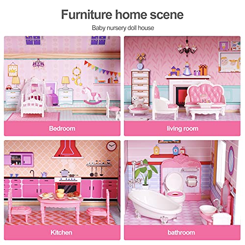 ROBUD Casa de muñecas para muñecas pequeñas para niñas, juego de juguetes de madera, casa de muñecas, casa rosa, regalo para niños a partir de 3 años