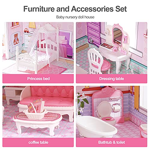ROBUD Casa de muñecas para muñecas pequeñas para niñas, juego de juguetes de madera, casa de muñecas, casa rosa, regalo para niños a partir de 3 años