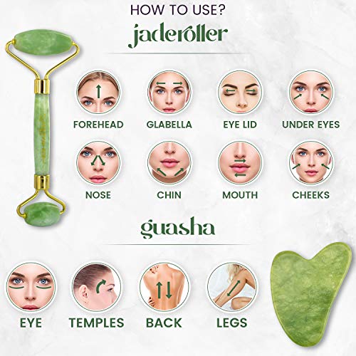 Rodillo de Jade y Gua Sha, Masajeador Facial Con Sérum Vitamina C Retinol y de Aceite de Ricino - Rodillo Doble Antienvejecimiento, Sérum Facial 30ml Hidratante Antiedad, Para Cara, Cuello y Cuerpo