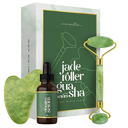 Rodillo de Jade y Gua Sha, Masajeador Facial Con Sérum Vitamina C Retinol y de Aceite de Ricino - Rodillo Doble Antienvejecimiento, Sérum Facial 30ml Hidratante Antiedad, Para Cara, Cuello y Cuerpo