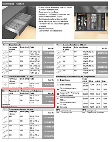 Ronin Furniture Fittings® Blum Ambia Line adaptador perfil – Conexión en madera posterior para Legra Caja Cajón Altura K – Ancho 242 mm, disponible en varios colores, (zc7 a0u0 K)