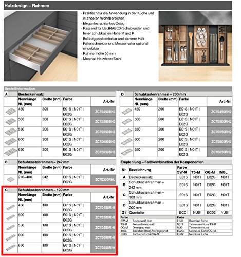 Ronin Furniture Fittings® Blum Ambia Line Marco de madera para Legra Caja Cajón, longitud nominal: 500 mm – Ancho 100 mm, disponible en varios colores, (zc7sxxxrh1)