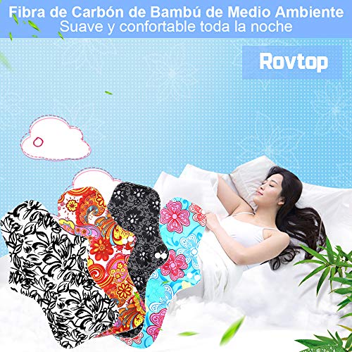 Rovtop 4PCS 35 cm Reutilizables de Carbón de Bambú para Noche - Almohadilla Menstrual Reutilizable Compresa Super Larga para el Cuidado Nocturno, Deportivo y Posparto + 1 Bolsa de Transporte Mini