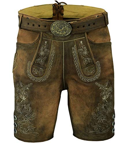 Royal Trachten Pantalones de piel para hombre, cortos, Oktoberfest, pantalones cortos de piel bávaros, con cinturón de águila, tallas 46-64 marrón 54
