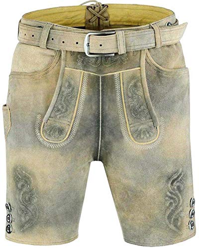 Royal Trachten Pantalones de piel para hombre, estilo Oktoberfest, pantalones de cuero bávaros, pantalones cortos de piel con cinturón, color marrón, tallas 44-64 beige 48