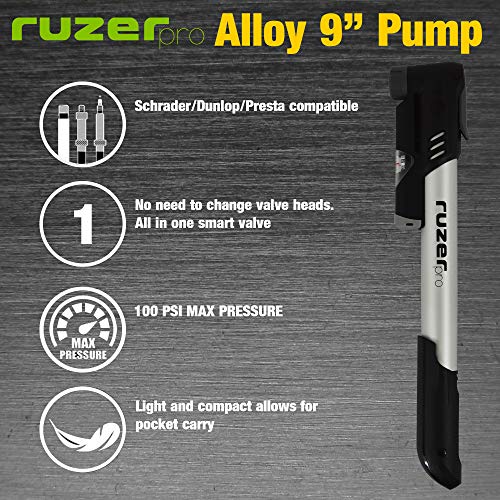 RUZER Mini bomba de aleación de 22,86 cm medidor – Se adapta a Presta Schrader todo en uno 200 PSI 13,7 bar mango plegable extensible – portátil compacto fácil