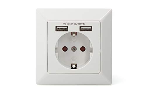 Safety Wall Outlet, 2x USB, USB output total: 5V 2.1A, Input: AC 250V 50Hz, RAL 9003