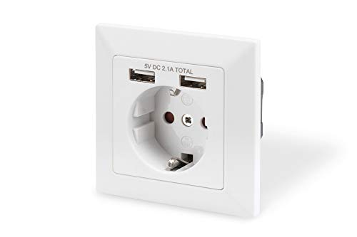Safety Wall Outlet, 2x USB, USB output total: 5V 2.1A, Input: AC 250V 50Hz, RAL 9003
