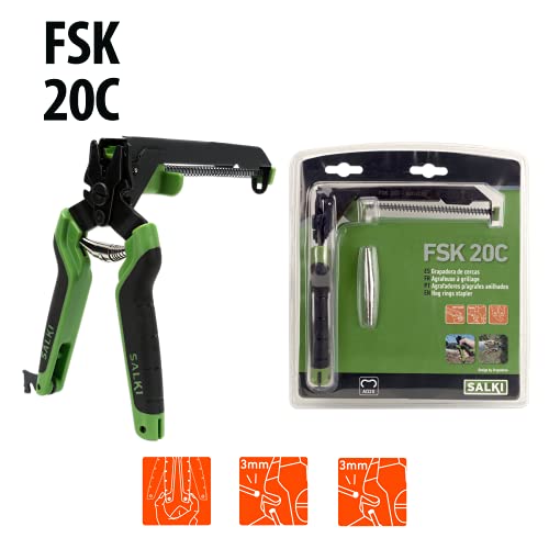 SALKI Pack Grapadora Cercas con Cargador FSK20C - Alicates para Vallas con Cortador de Alambre Incorporado + Blíster de 200 Grapas Ω20 Verde