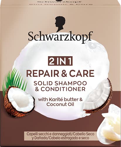 Schwarzkopf - Champú Sólido + Acondicionador Sólido 2 en 1 Repair&Care, 60 g, Para cabello seco o dañado - Suaviza y cuida la estructura del cabello para un aspecto sano