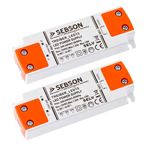 SEBSON® 2x Transformador 12V 220V, 15W Driver LED extraplano 102x35x16mm - Tensión Constante para Lámparas LED GU4 MR11 MR16