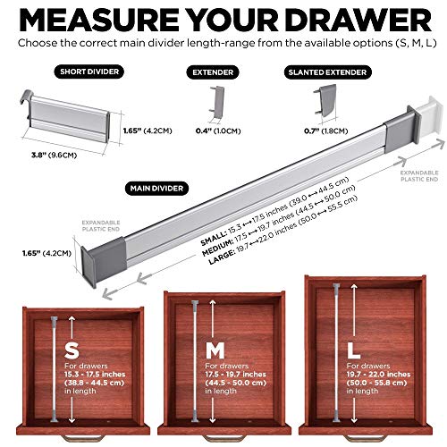 Separadores Ajustables de Cajones de Cocina, Elegante Organizador Modular de Aluminio, Juego de 6 Separadores (Corto | para Cajones 39 cm - 44,5 cm de largo) de Practical Comfort