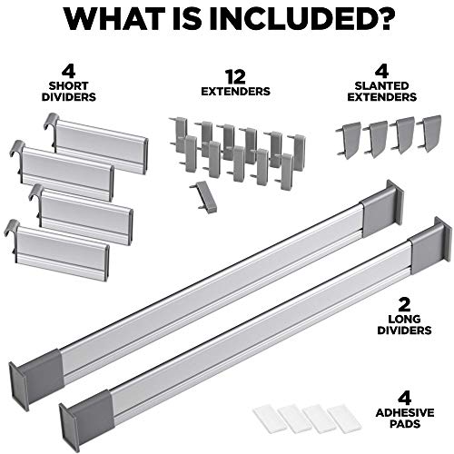 Separadores Ajustables de Cajones de Cocina, Elegante Organizador Modular de Aluminio, Juego de 6 Separadores (Corto | para Cajones 39 cm - 44,5 cm de largo) de Practical Comfort