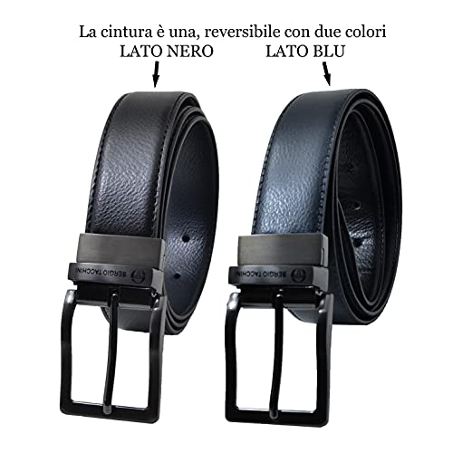 Sergio Tacchini, Cinturón de hombre reversible, cuero genuino, hebilla rectangular, ajustable y recortable, Longitud 120 cm Negro azul 115/120
