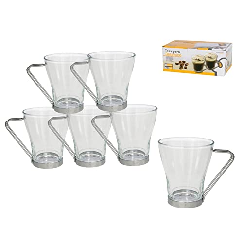 Set de 6 tazas de vidrio con asa metálica 230 ml, juego, pack de tazas para desayuno, café, té, 9,5 x 8,4 cm, resistentes y duraderas, diseño elegante, celebraciones, fiestas
