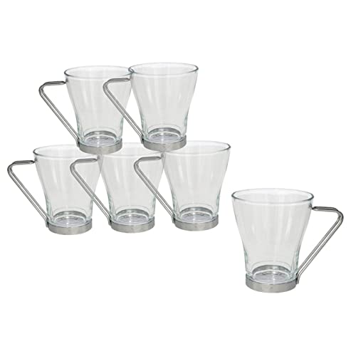 Set de 6 tazas de vidrio con asa metálica 230 ml, juego, pack de tazas para desayuno, café, té, 9,5 x 8,4 cm, resistentes y duraderas, diseño elegante, celebraciones, fiestas