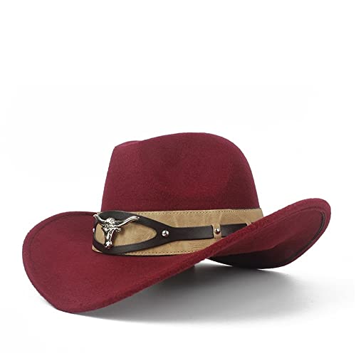 SGJFZD Sombrero de Vaquero de Western Western Western Western Hombre con la Cabeza de la Cabeza de la Vaca Sombrero de la Iglesia de Sombrero de Jazz Ancho Amplio (Color : Wine Red, tamaño : 59-61)