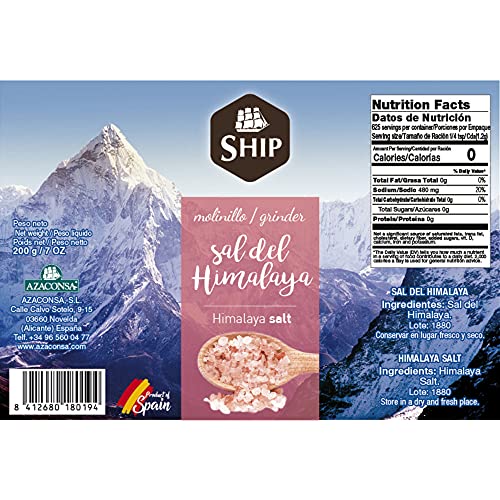 SHIP - Molinillo de Sal del Himalaya en Formato de Bote con 370 gramos - Condimento Culinario Original de España - Ofrece una Composición Alta en Cloruro de Sodio