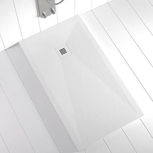Shower Online Plato de ducha Resina PLES - 80x100 - Textura Pizarra - Antideslizante - Todas las medidas disponibles - Incluye Rejilla Color y Sifón - Blanco RAL 9003