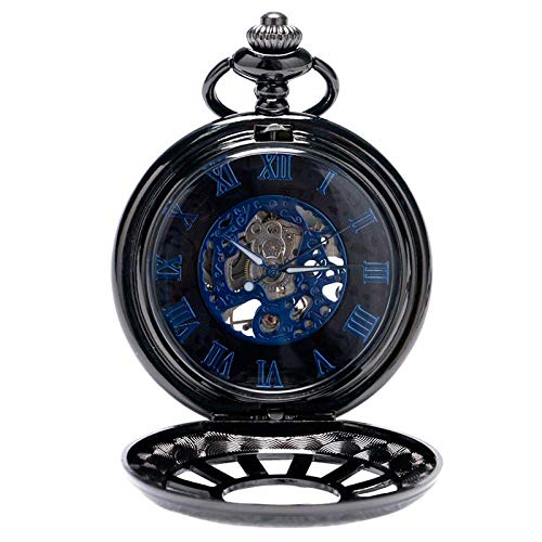 SHUMEISHOUT El Nuevo Reloj de Bolsillo Reloj de Esqueleto Azul Hueco Carruaje Negro Ruedas Cubierta Mano Sinuoso Mecánico Fob Mejores Regalos para Hombres Mujeres