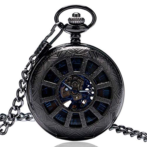 SHUMEISHOUT El Nuevo Reloj de Bolsillo Reloj de Esqueleto Azul Hueco Carruaje Negro Ruedas Cubierta Mano Sinuoso Mecánico Fob Mejores Regalos para Hombres Mujeres