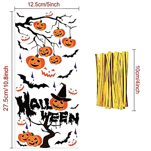 Simmpu Paquete de 120 Bolsas de Celofán para Halloween Plástico Transparentes con 120 Bridas para Cables Bolsa de Truco o Trato Bolsas de Regalo para Halloween para Niños Fiesta de Halloween