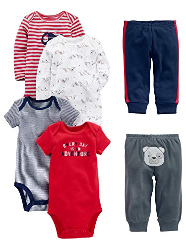 Simple Joys by Carter's Conjunto de 6 piezas de body para bebé (manga corta y larga) y pantalones ,Red/Navy Bear ,18 Meses