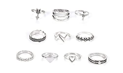 Simsly Juego de anillos de corazón bohemio, de plata, para nudillos, apilables, para mujeres y niñas (paquete de 10)…