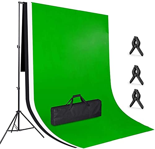 Sistema di Soporte Fondo Fotografico, 2x3m Fondo Blanco Negro Verde, con Soporte Ajustable 3x2m, 3 Abrazaderas y Bolsa de Transporte para Estudio Fotográfico e Iluminación, Video y Fotografía