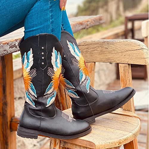 SJDFK Bota Occidental para Mujer, Zapatos Ecuestres De Caballero De Gran Tamaño Bordados, Zapatos De Cuero De Tacón Medio para Montar En Motocicleta,Brown-38