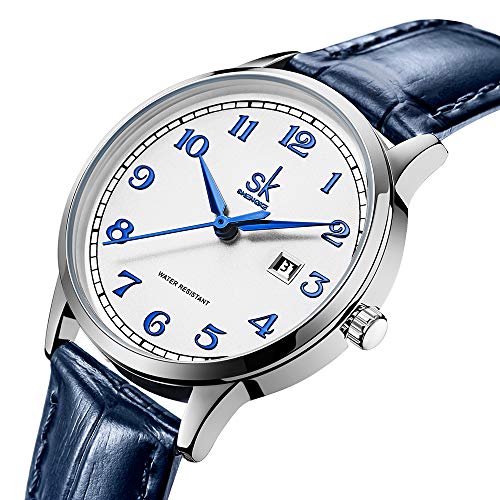 SK Relojes lassic Business para Mujer con Correa de Acero Inoxidable y Elegante Reloj con Calendario para Mujer (Arabic Number-Blue Leather)