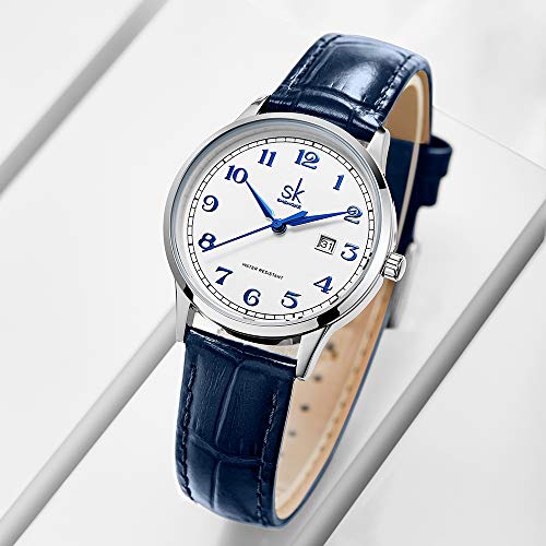 SK Relojes lassic Business para Mujer con Correa de Acero Inoxidable y Elegante Reloj con Calendario para Mujer (Arabic Number-Blue Leather)