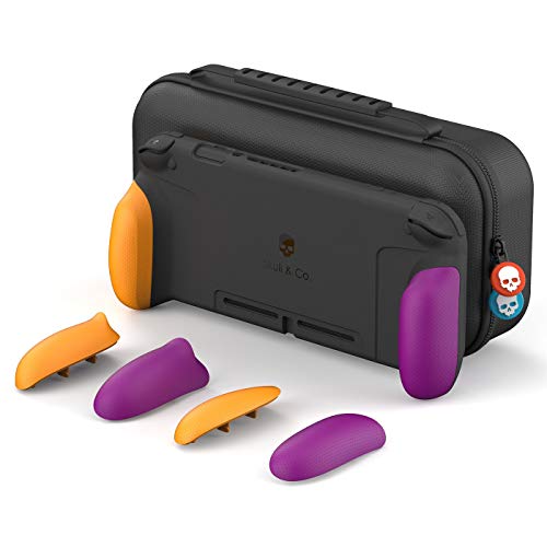 Skull & Co. GripCase Set: A Dockable Protective Case with Replaceable Grips [to fit All Hands Sizes] for Nintendo Switch [with Carrying Case] - Morado neón y Naranja neón