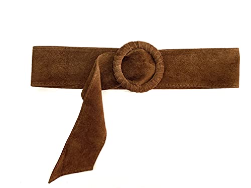 S/M Viannchi Cinturón de mujer ancho Obi, auténtica Piel cuero serraje, talla única, ajustable con hebilla acabada en cuero Marrón