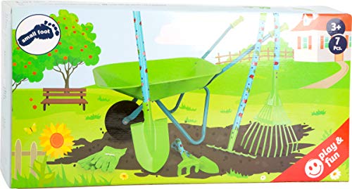 Small Foot- Großes Gartenset mit Schubkarre aus Holz und Metall, 7-Teiliges Set, Outdoor-Spielzeug Juguete, Multicolor (12014)
