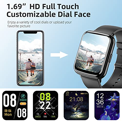 Smartwatch Hombre Mujer, Tanzato 1.69 "Full Touch Reloj Inteligente con Pulsómetro, Monitor de Oxígeno de Sangre, Monitor de Sueño, Fitness Tracker Deportivo Impermeable IP68 para iOS Android