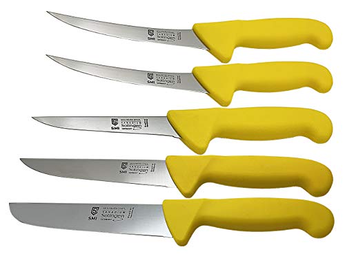 SMI - 5 Piezas set Solingen Cuchillo de Carnicero Profesional, Cuchillo para deshuesar Curvado, Cuchillos de cocinero, cuchillo de carne, Acero Inoxidable - German Made