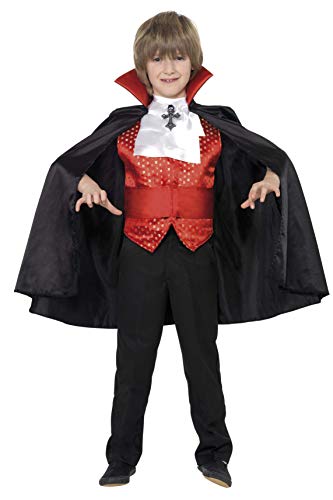 Smiffys Disfraz de drácula para niño, con capa, fajín, corbanda y chaleco, Negro/Rojo, Talla 10/12 anos
