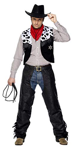 Smiffys Disfraz de Vaquero, Negro, con chaparreras, Chaleco, cinturón y pañuelo