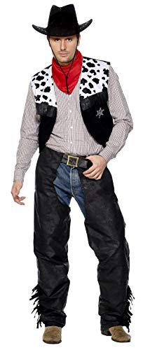 Smiffys Disfraz de Vaquero, Negro, con chaparreras, Chaleco, cinturón y pañuelo